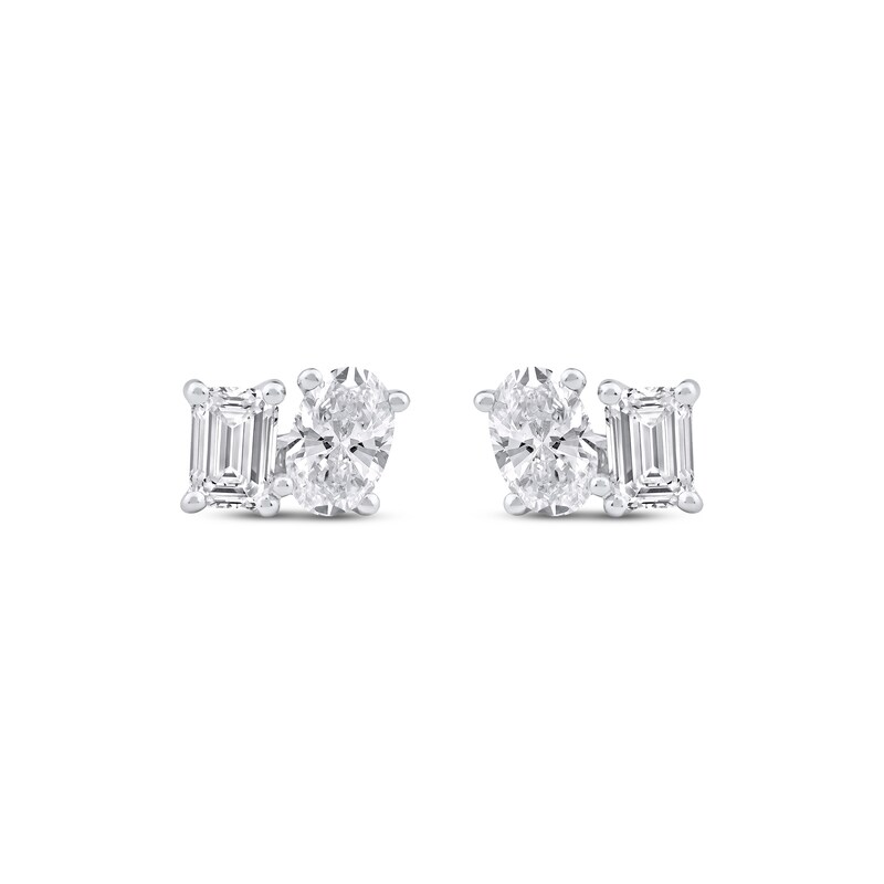 Main Image 2 of Toi et Moi Lab-Grown Diamond Emerald & Oval-Cut Stud Earrings 1 ct tw 14K White Gold