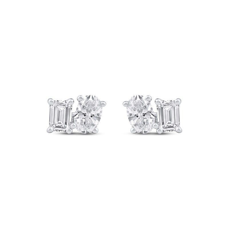 Toi et Moi Emerald & Oval-Cut Stud Earrings 1 ct tw 14K White Gold