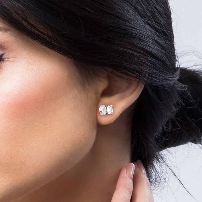 Main Image 3 of Toi et Moi Lab-Grown Diamond Emerald & Oval-Cut Stud Earrings 1 ct tw 14K White Gold