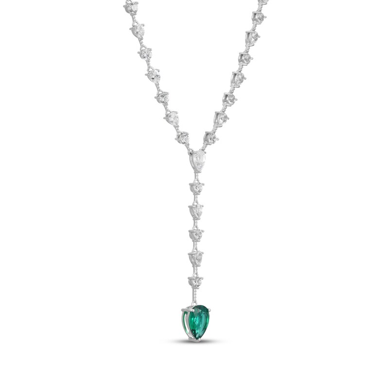 Main Image 2 of Pear-Shaped Lab-Created Emerald & White Lab-Created Sapphire Y-Drop Necklace Sterling Silver 18&quot;