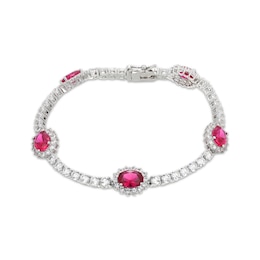 Oval-Cut Lab-Created Ruby & White Lab-Created Sapphire Halo Station Bracelet Sterling Silver 7.25"