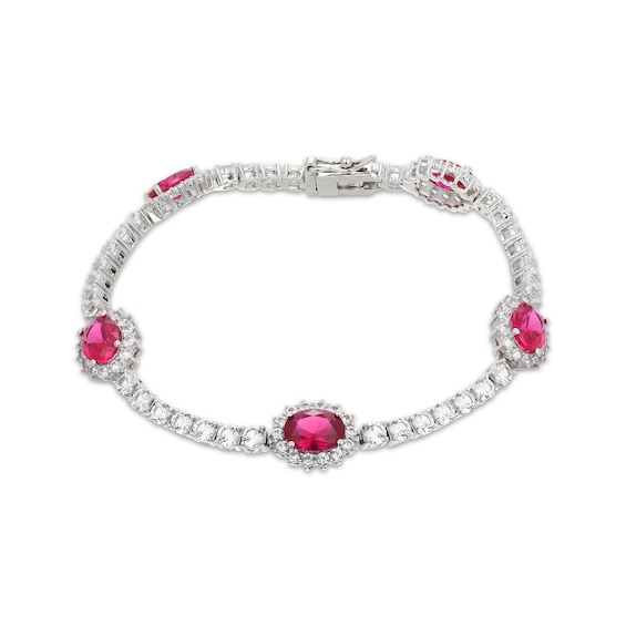 Oval-Cut Lab-Created Ruby & White Lab-Created Sapphire Halo Station Bracelet Sterling Silver 7.25"
