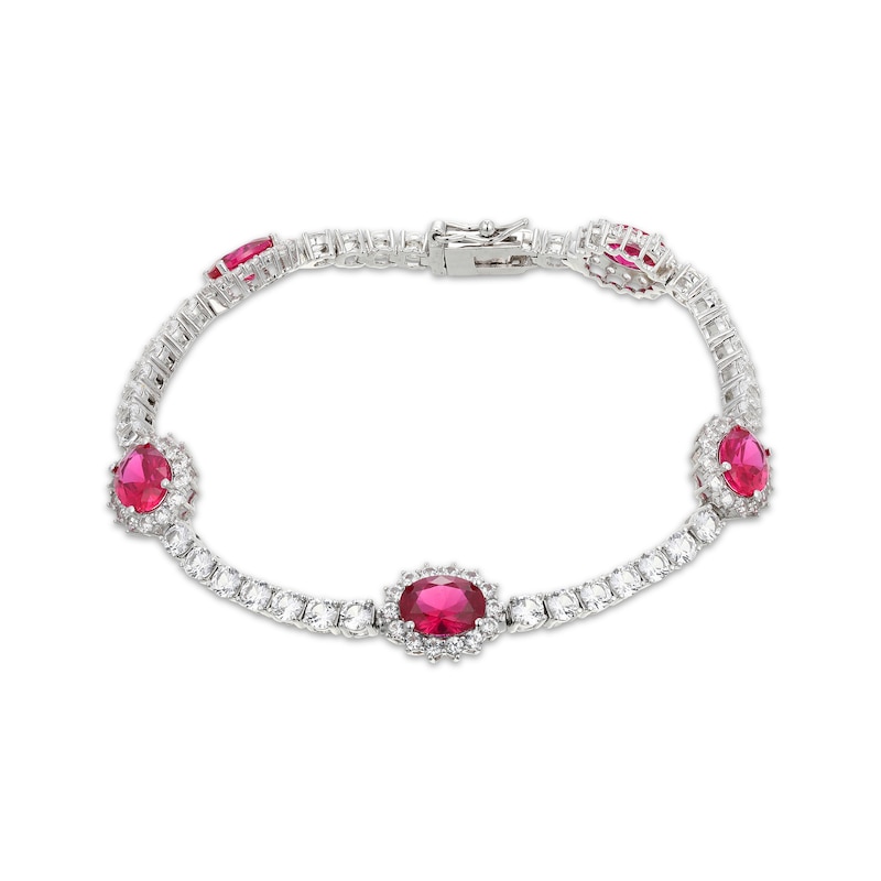 Main Image 1 of Oval-Cut Lab-Created Ruby & White Lab-Created Sapphire Halo Station Bracelet Sterling Silver 7.25&quot;