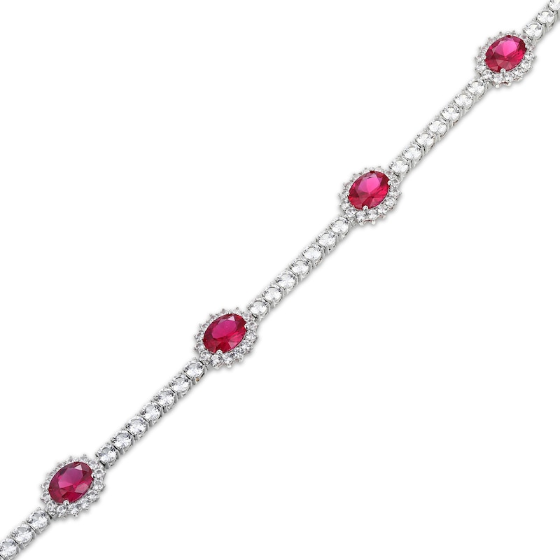 Main Image 2 of Oval-Cut Lab-Created Ruby & White Lab-Created Sapphire Halo Station Bracelet Sterling Silver 7.25&quot;