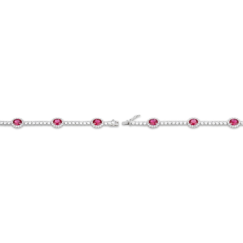 Main Image 3 of Oval-Cut Lab-Created Ruby & White Lab-Created Sapphire Halo Station Bracelet Sterling Silver 7.25&quot;