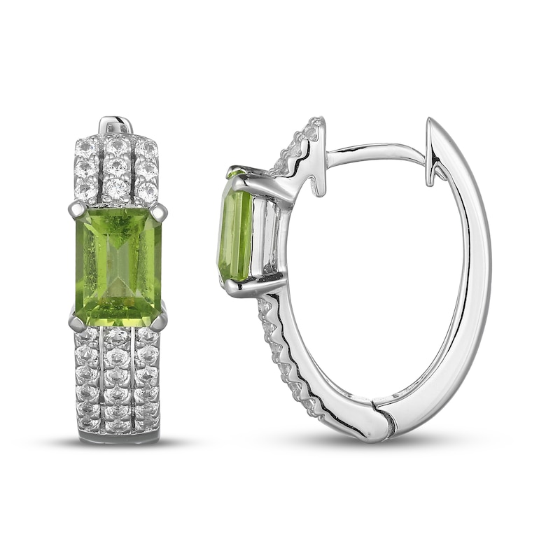 Main Image 3 of Emerald-Cut Peridot & White Lab-Created Sapphire Huggie Hoop Earrings Sterling Silver