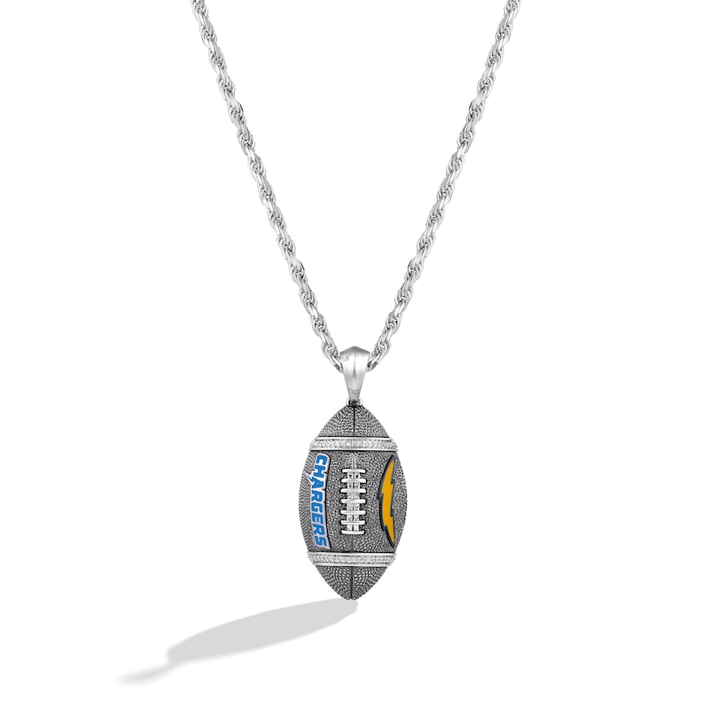Main Image 1 of True Fans Los Angeles Chargers 1/20 CT. T.W. Diamond Vertical Football Necklace in Sterling Silver