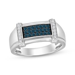 Men's Blue & White Diamond Rectangle-Top Ring 1/3 ct tw Sterling Silver