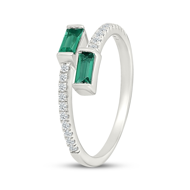 Main Image 2 of Baguette-Cut Lab-Created Emerald & White Lab-Created Sapphire Bypass Ring Sterling Silver