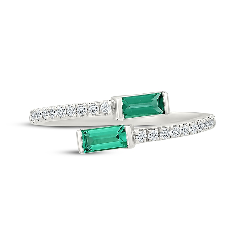 Main Image 4 of Baguette-Cut Lab-Created Emerald & White Lab-Created Sapphire Bypass Ring Sterling Silver