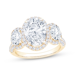 Memories Moments Magic Lab-Grown Diamond Oval-Cut Halo Three-Stone Engagement Ring 4-5/8 ct tw 14K Yellow Gold