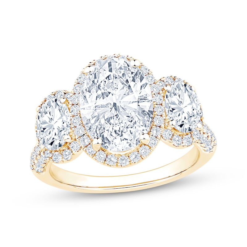 Main Image 1 of Memories Moments Magic Lab-Grown Diamond Oval-Cut Halo Three-Stone Engagement Ring 4-5/8 ct tw 14K Yellow Gold