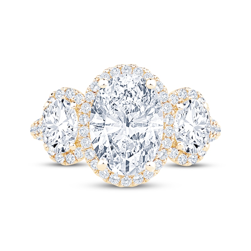 Main Image 3 of Memories Moments Magic Lab-Grown Diamond Oval-Cut Halo Three-Stone Engagement Ring 4-5/8 ct tw 14K Yellow Gold