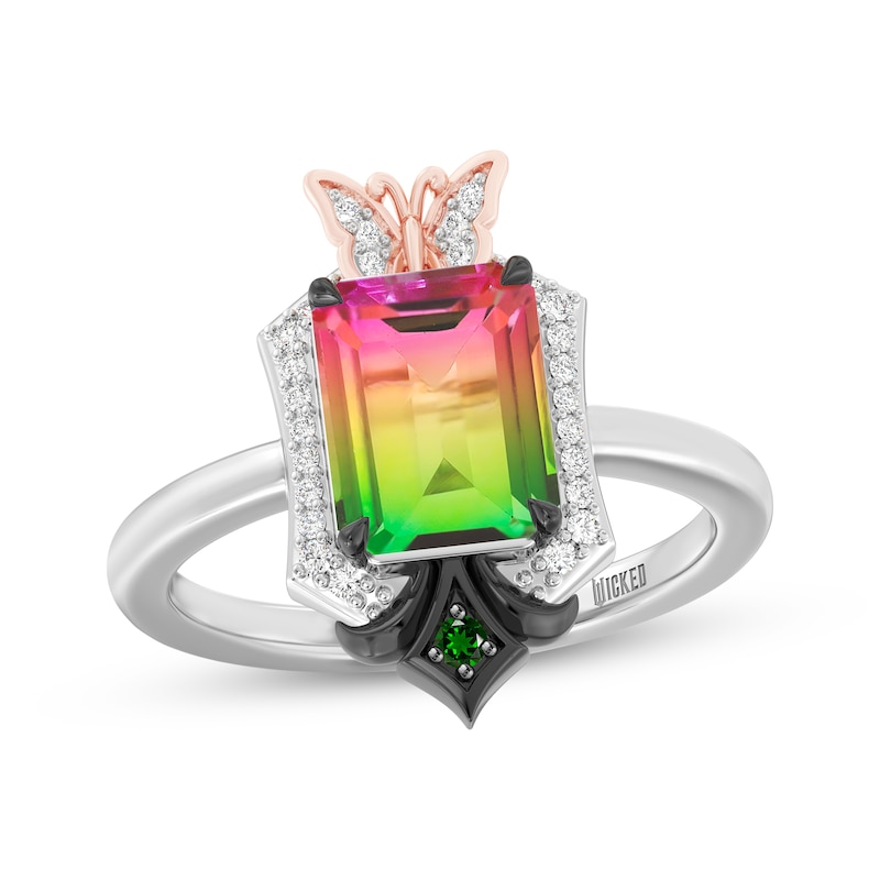 Main Image 1 of Wicked Octagon-Cut Watermelon Quartz, Green Tourmaline & Lab-Grown Diamond Ring 1/8 ct tw Sterling Silver & 18K Rose Gold Vermeil Plating