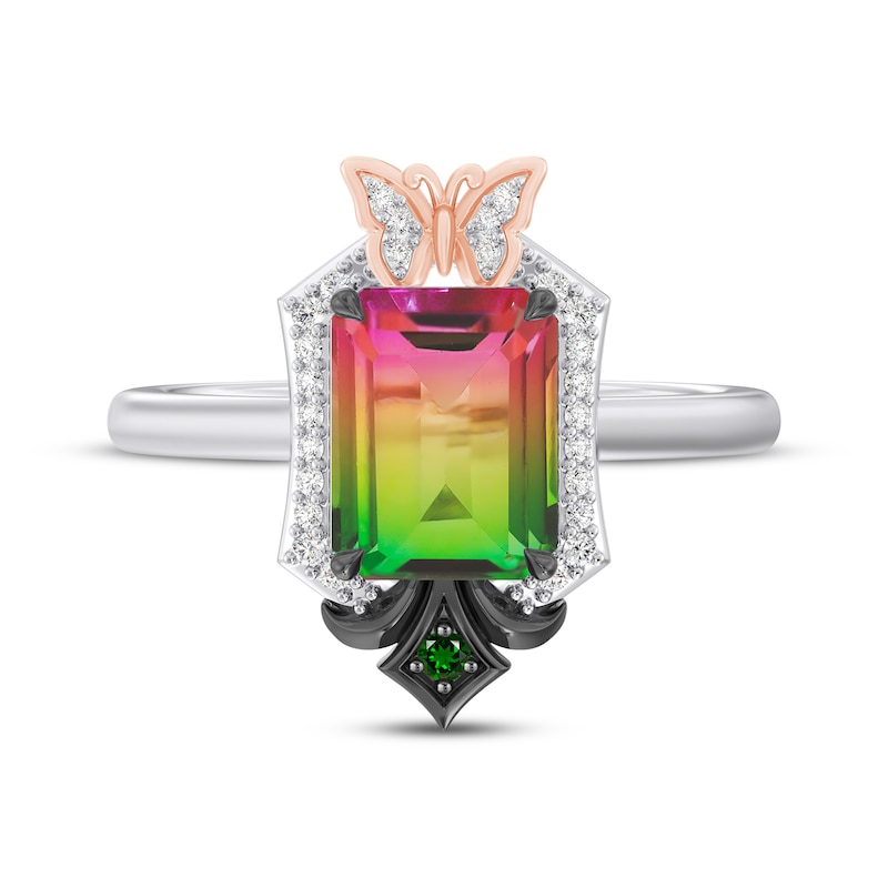 Main Image 4 of Wicked Octagon-Cut Watermelon Quartz, Green Tourmaline & Lab-Grown Diamond Ring 1/8 ct tw Sterling Silver & 18K Rose Gold Vermeil Plating