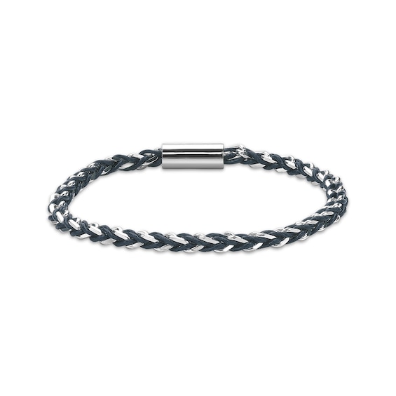 Men's Blue Leather Woven Chain Link Bracelet Sterling Silver 8.5"