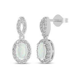 Oval-Cut Lab-Created Opal & White Lab-Created Sapphire Halo Drop Earrings Sterling Silver