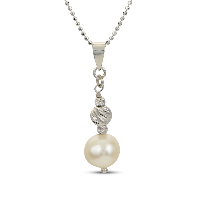Main Image 1 of Cultured Pearl Drop & Diamond-Cut Bead Necklace Sterling Silver 18"