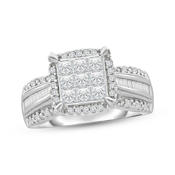 Princess-Cut Multi-Diamond Cushion Halo Engagement Ring 1 ct tw 14K White Gold