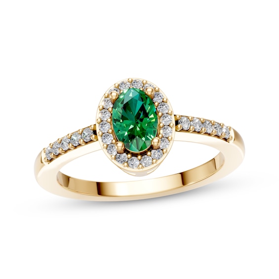KAY Lab-Grown Diamonds & Oval-Cut Natural Emerald Halo Ring 1/6 ct tw 10K Yellow Gold