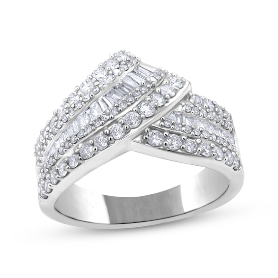 Round & Baguette-Cut Multi-Row Crossover Fashion Ring 1 ct tw 10K White Gold