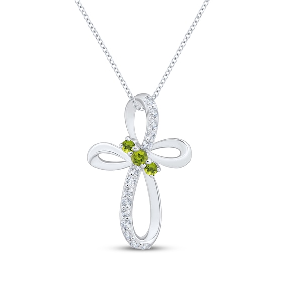 Round-Cut Natural Peridot & White Lab-Created Sapphire Loop Cross Necklace Sterling Silver 18"