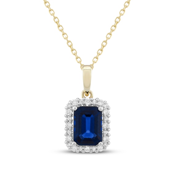 KAY Lab-Grown Diamonds Emerald-Cut Blue Lab-Created Sapphire Necklace 1/5 ct tw 10K Yellow Gold 18"