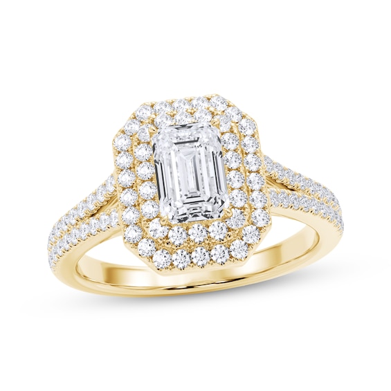 Now + Forever Certified Emerald-Cut Diamond Double Halo Engagement Ring 1-1/5 ct tw 14K Yellow Gold