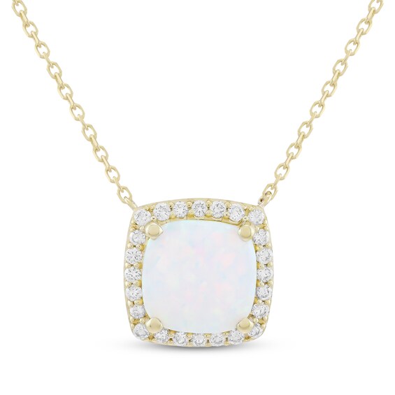 KAY Lab-Grown Diamonds Cushion-Cut Lab Created Opal Halo Necklace 1/4 ct tw 10K Yellow Gold 18"