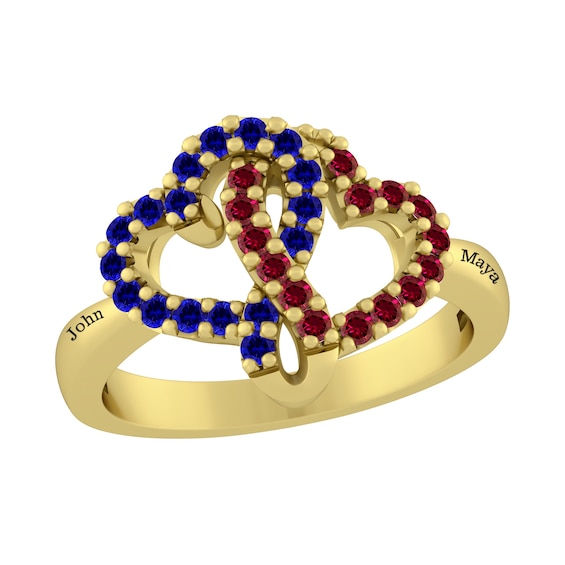 Birthstone Couple's Double Interlocking Hearts Ring (2 Stones and Lines)