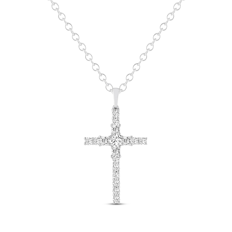 Main Image 1 of THE LEO Diamond Cross Necklace 1 ct tw Round-cut 14K White Gold 19&quot;