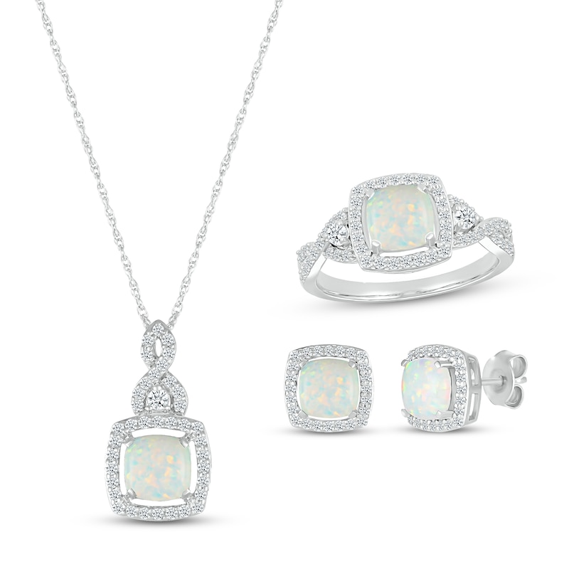 Lab-Created Opal & White Lab-Created Sapphire Gift Set Cushion & Round Sterling Silver