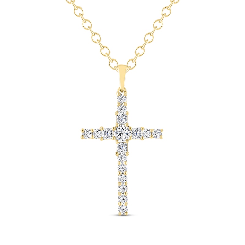 Main Image 1 of THE LEO Diamond Princess & Round-Cut Cross Necklace 1 ct tw 14K Yellow Gold 19"