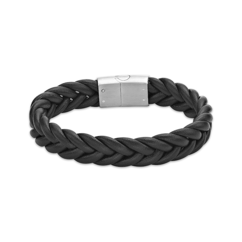 Men's Stainless Steel Clasp Double Black Braid Leather Bracelet