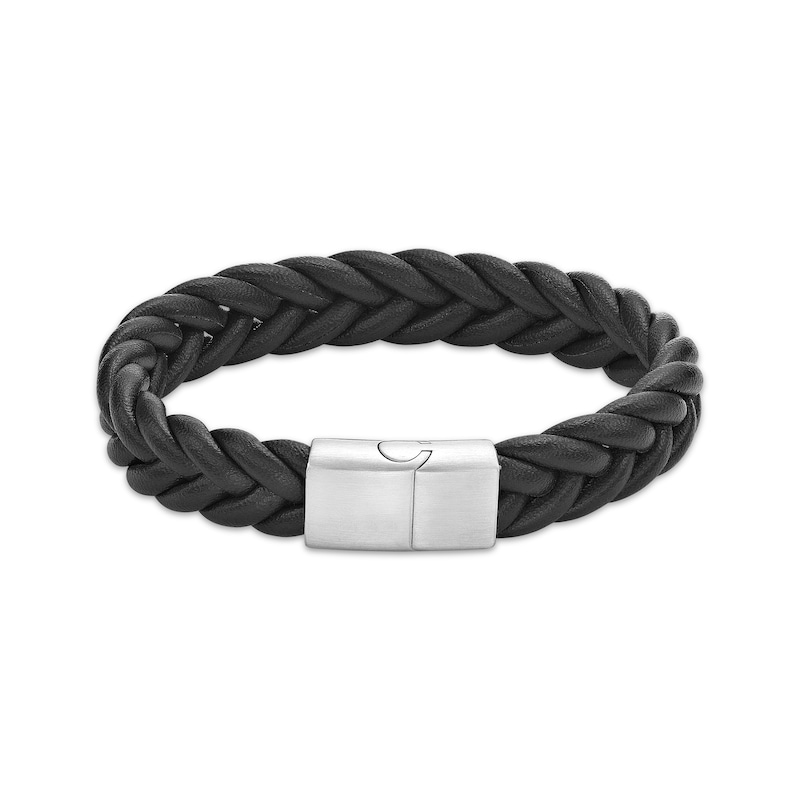 Main Image 2 of Men's Black Leather Bracelet with Stainless Steel Clasp 8.5&quot;