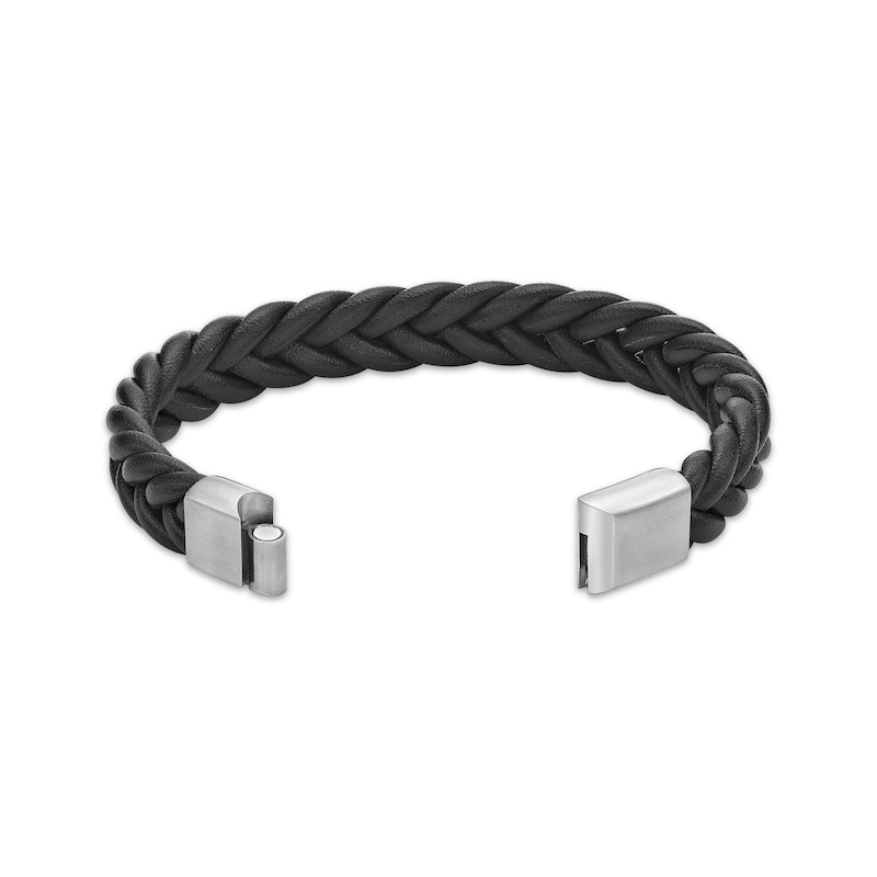 Main Image 3 of Men's Black Leather Bracelet with Stainless Steel Clasp 8.5&quot;