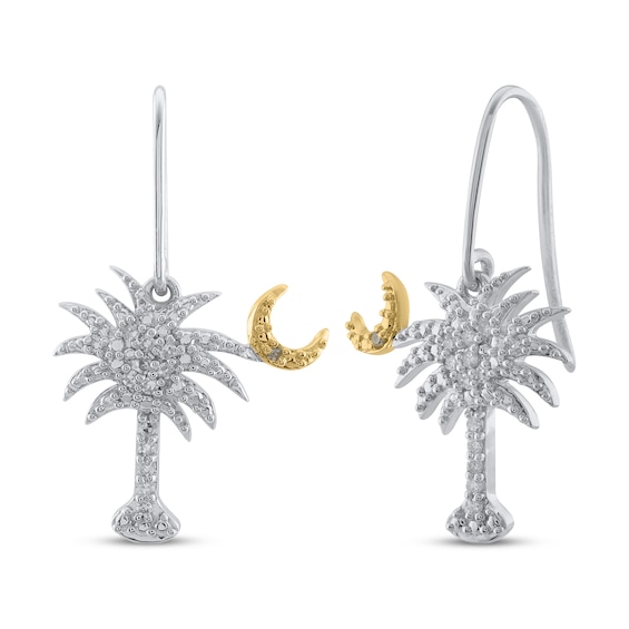 Diamond Palm Tree & Moon Dangle Earrings 1/10 ct tw Sterling Silver & 10K Yellow Gold