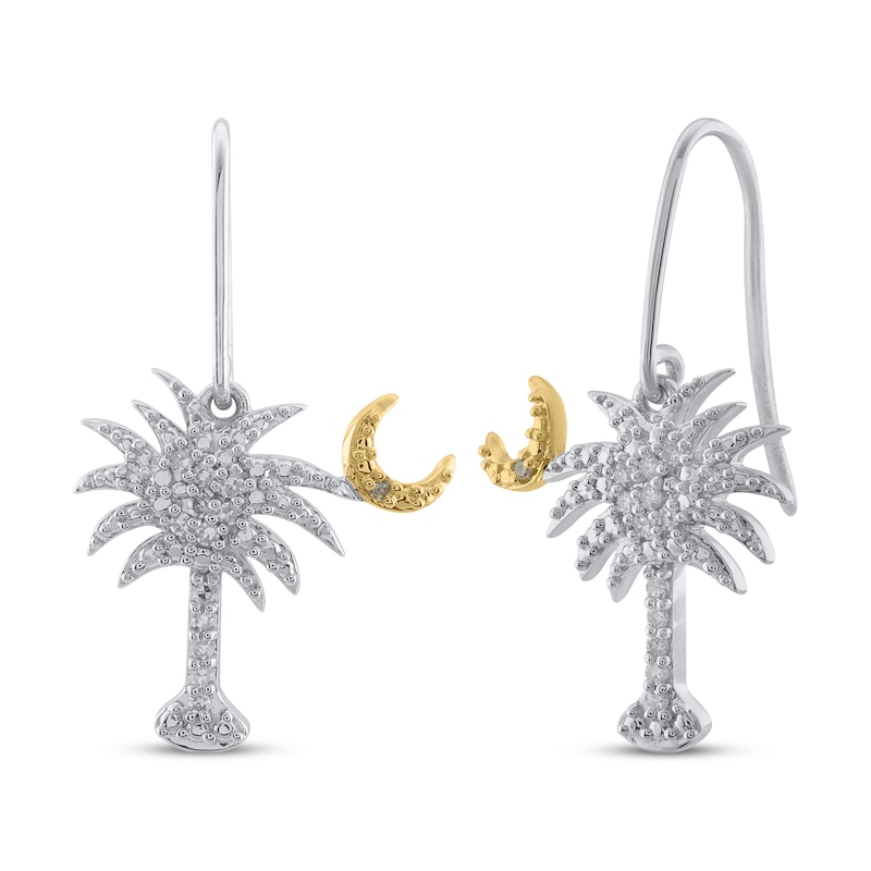 Main Image 1 of Diamond Palm Tree & Moon Dangle Earrings 1/10 ct tw Sterling Silver & 10K Yellow Gold