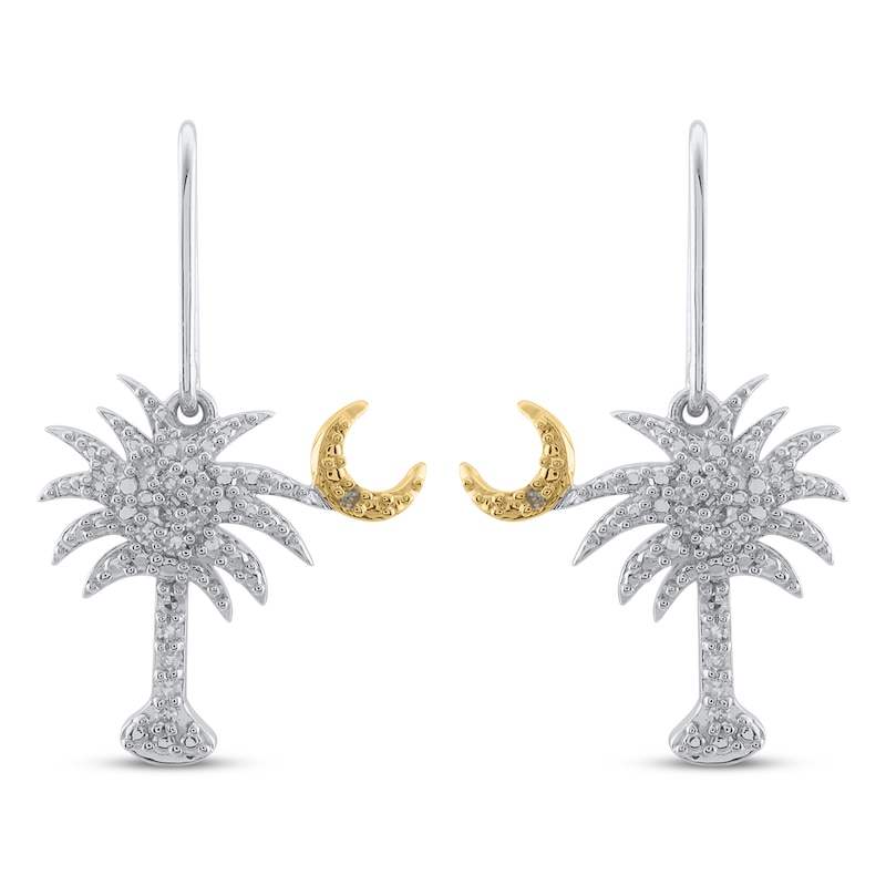 Main Image 2 of Diamond Palm Tree & Moon Dangle Earrings 1/10 ct tw Sterling Silver & 10K Yellow Gold