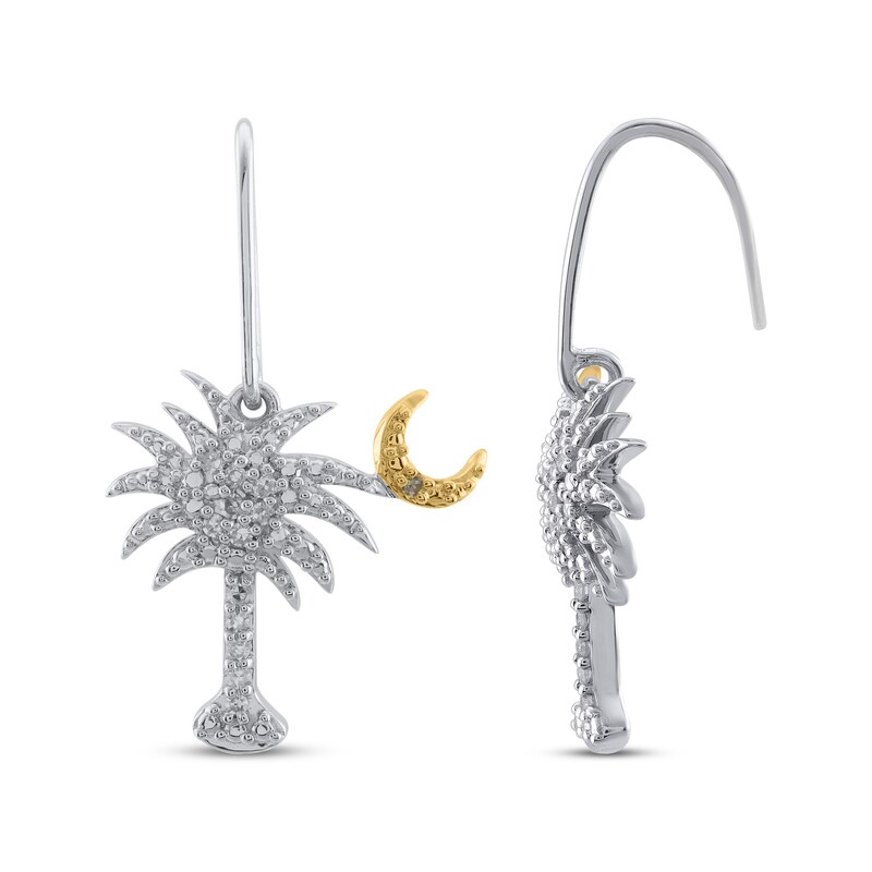 Main Image 3 of Diamond Palm Tree & Moon Dangle Earrings 1/10 ct tw Sterling Silver & 10K Yellow Gold