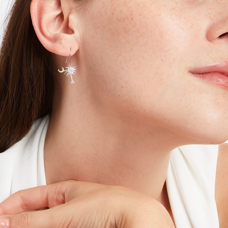 Main Image 4 of Diamond Palm Tree & Moon Dangle Earrings 1/10 ct tw Sterling Silver & 10K Yellow Gold