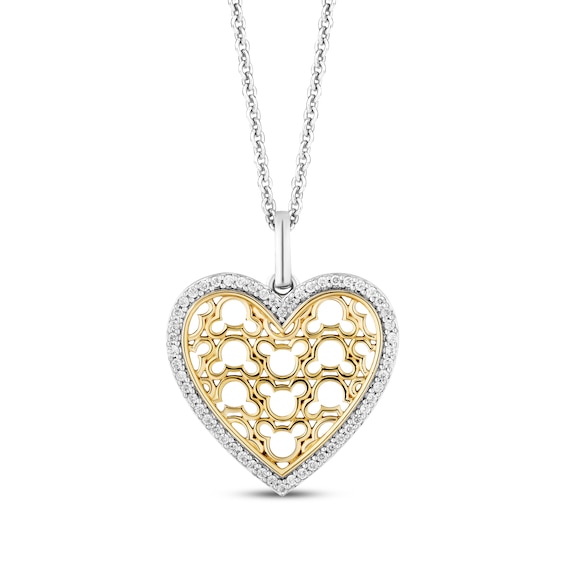 Disney Treasures Mickey Mouse Pattern Diamond Heart Necklace 1/8 ct tw Sterling Silver & 10K Yellow Gold 19"