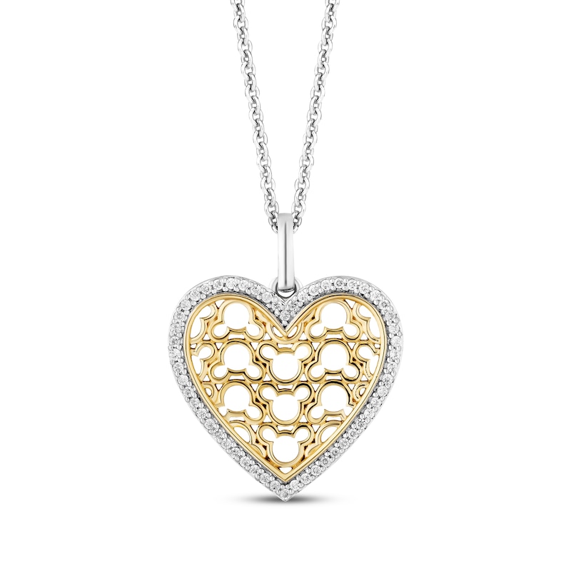 Disney Treasures Mickey Mouse Pattern Diamond Heart Necklace 1/8 ct tw Sterling Silver & 10K Yellow Gold 19"