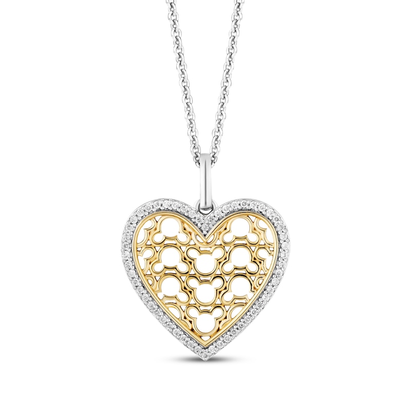 Main Image 1 of Disney Treasures Mickey Mouse Pattern Diamond Heart Necklace 1/8 ct tw Sterling Silver & 10K Yellow Gold 19&quot;