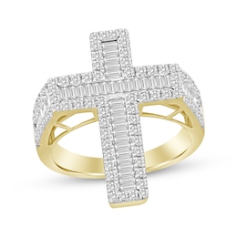 Men's Baguette & Round-Cut Diamond Cross Ring 1-1/4 ct tw 10K Yellow Gold