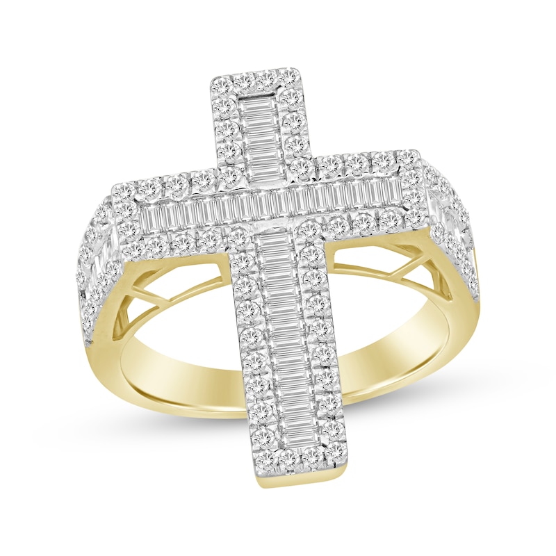 Main Image 1 of Men's Baguette & Round-Cut Diamond Cross Ring 1-1/4 ct tw 10K Yellow Gold