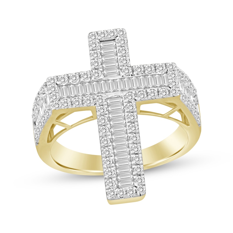 Men's Baguette & Round-Cut Diamond Cross Ring 1-1/4 ct tw 10K Yellow Gold