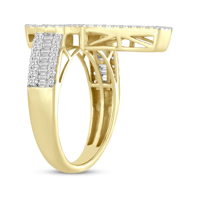 Main Image 2 of Men's Baguette & Round-Cut Diamond Cross Ring 1-1/4 ct tw 10K Yellow Gold