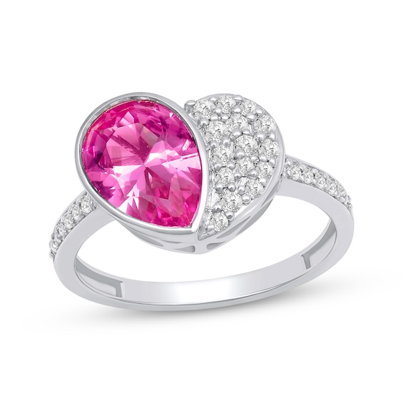 Pear-Shaped Pink Lab-Created Sapphire & White Lab-Created Sapphire Heart Ring Sterling Silver