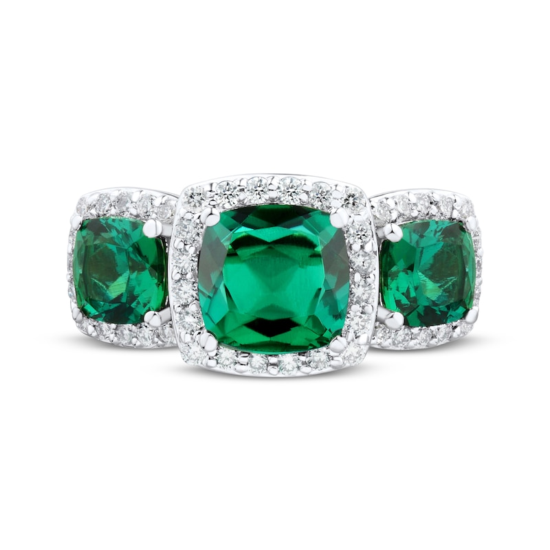 Main Image 3 of Cushion-Cut Lab-Created Emerald & White Lab-Created Sapphire Three-Stone Ring Sterling Silver